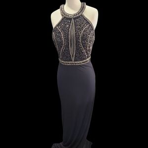Sophisticated Black Beaded Halter Gown